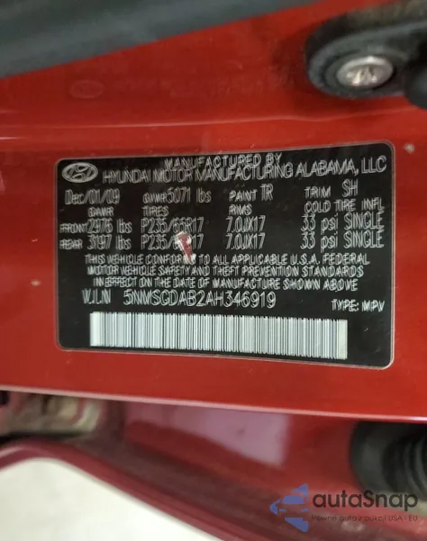 2010 Hyundai Santa Fe Gls из США, поврежденный, VIN 5NMSGDAB2AH346919